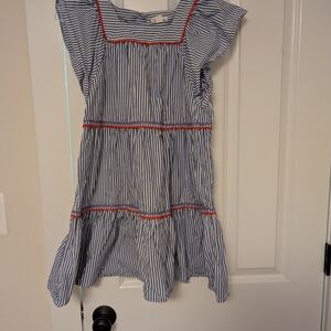 Striped Blue and White Kids Dress with Red Accents